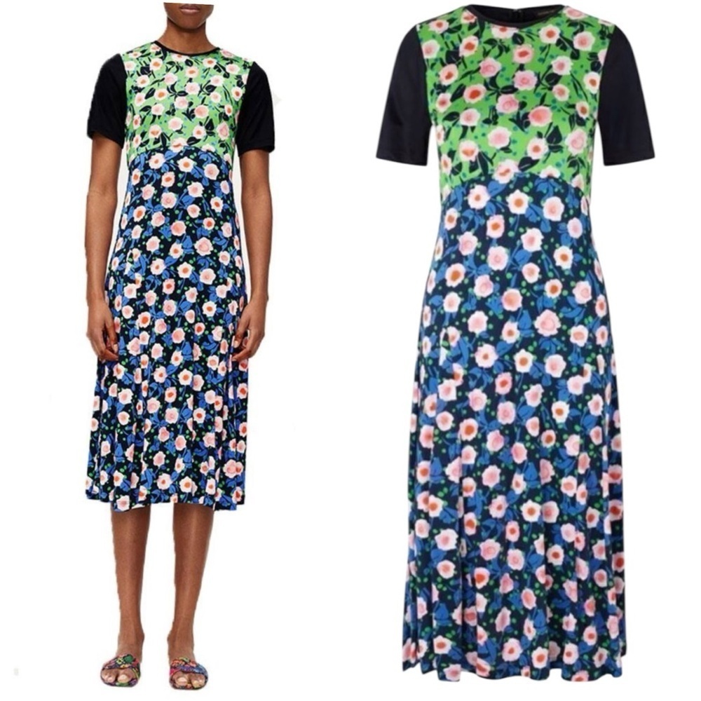 Stine Goya Scout Floral Print Bodycon Short Sleeve A-Line Midi Dress Small NEW
